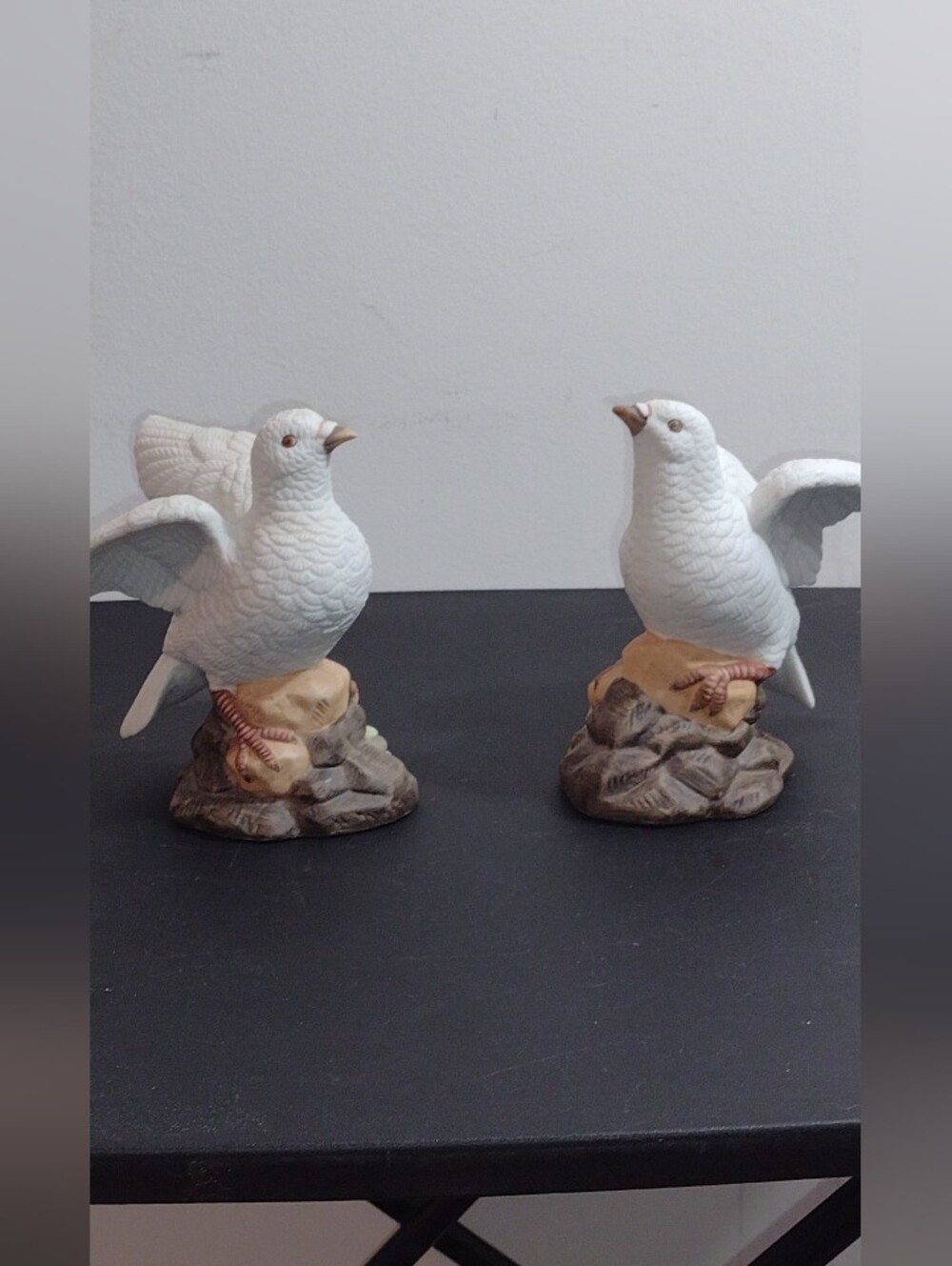 Homco White Ceramic Dove Figurine Pair with Tan Bases